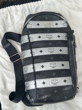 MCM Black and Silver Striped Leather Sling Belt Bag